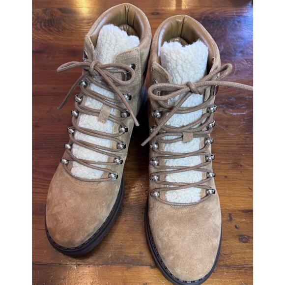 MARC FISHER LTD NAIRY FAUX FUR TRIM HIKING BOOTS IN BROWN NEW WOMEN'S SIZE 9 - Picture 1 of 16